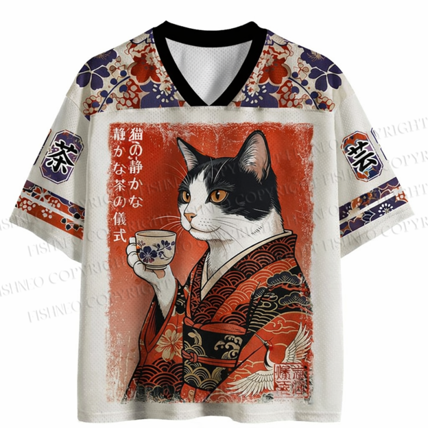 Vintage Ukiyo-e Tea Cat Print Jersey Shirts