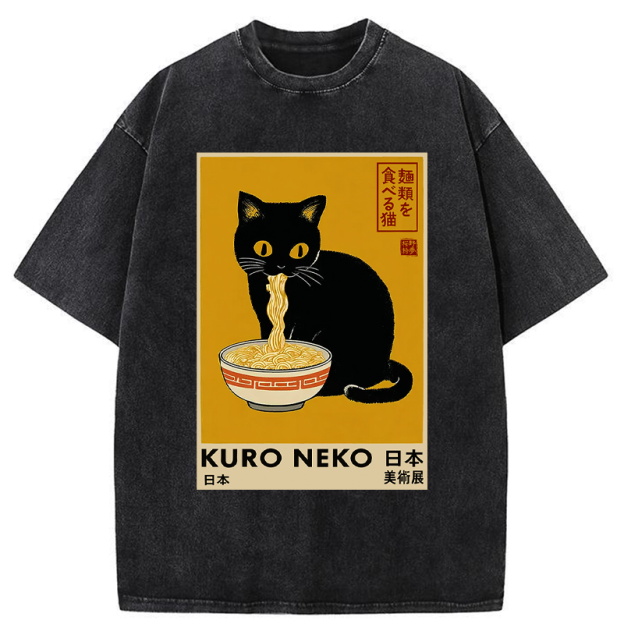 Unisex Kuro Neko Ramen Washed T-Shirt