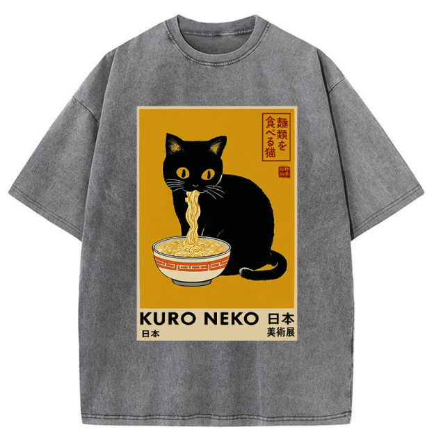 Unisex Kuro Neko Ramen Washed T-Shirt