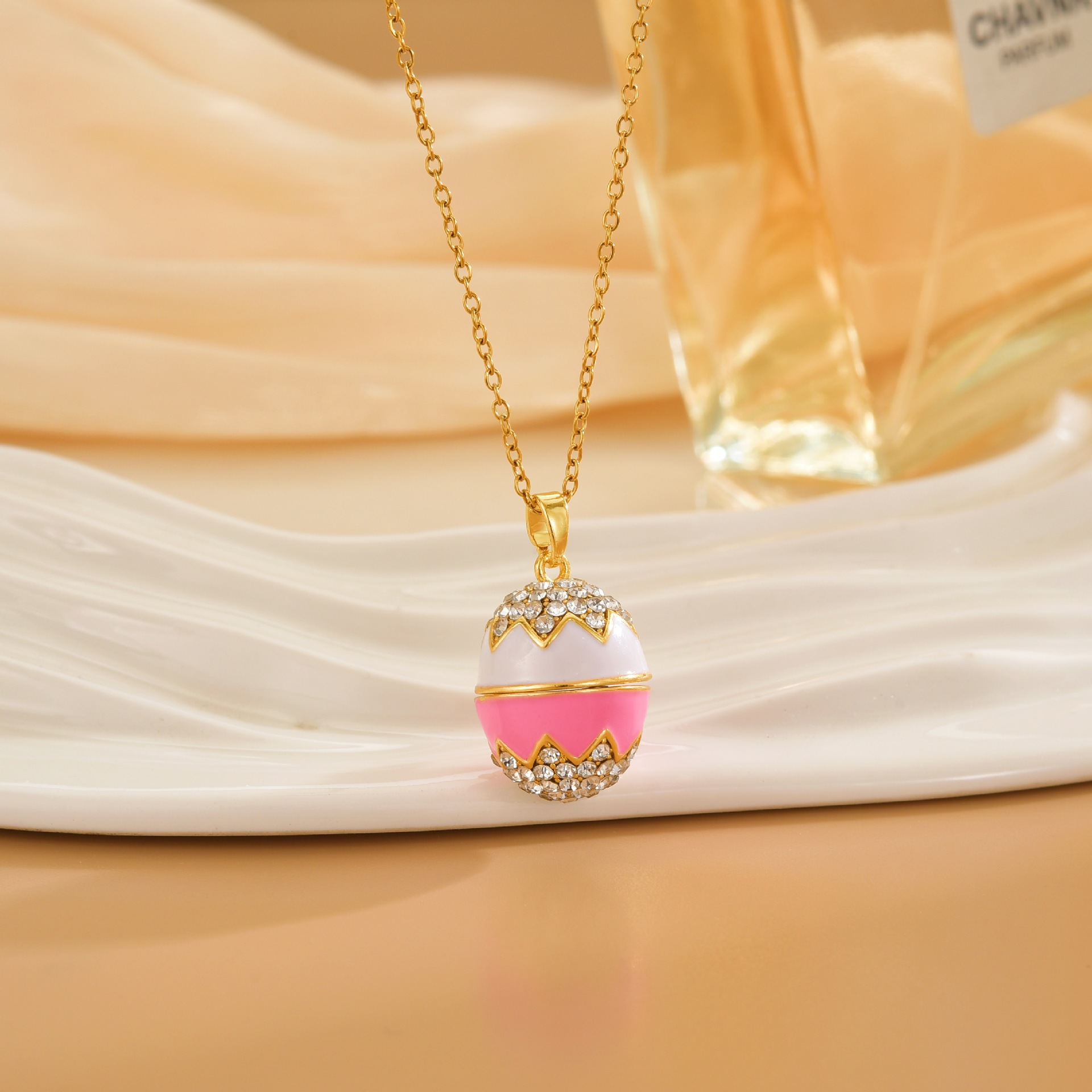 Enamel Glaze Easter Egg Micro-Paved Zircon Openable Pendant Versatile Creative Diy Necklace Clavicle Chain For Women