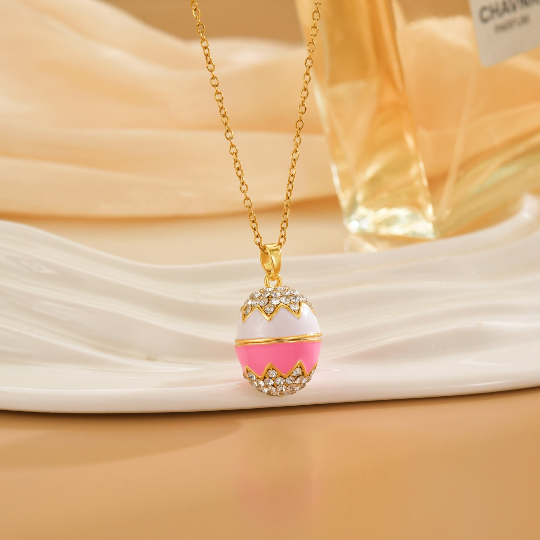 Enamel Glaze Easter Egg Micro-Paved Zircon Openable Pendant Versatile Creative Diy Necklace Clavicle Chain For Women