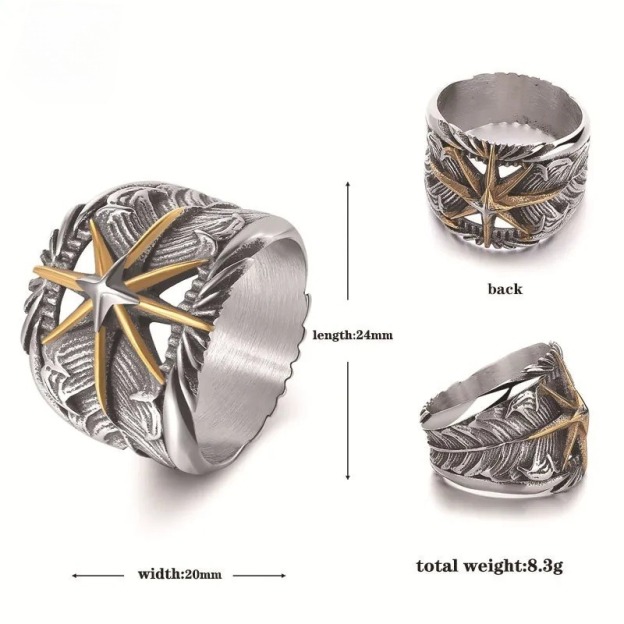 Golden Indian Feather Eight-Pointed Star Wide Version Men's Ring