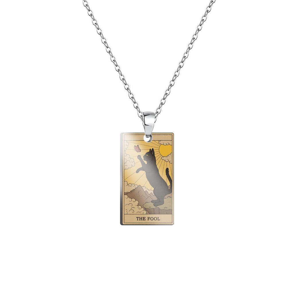 Vintage Tarot Cat Stainless Steel Pendant Necklace