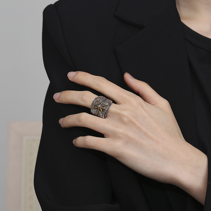 Golden Indian Feather Eight-Pointed Star Wide Version Men's Ring