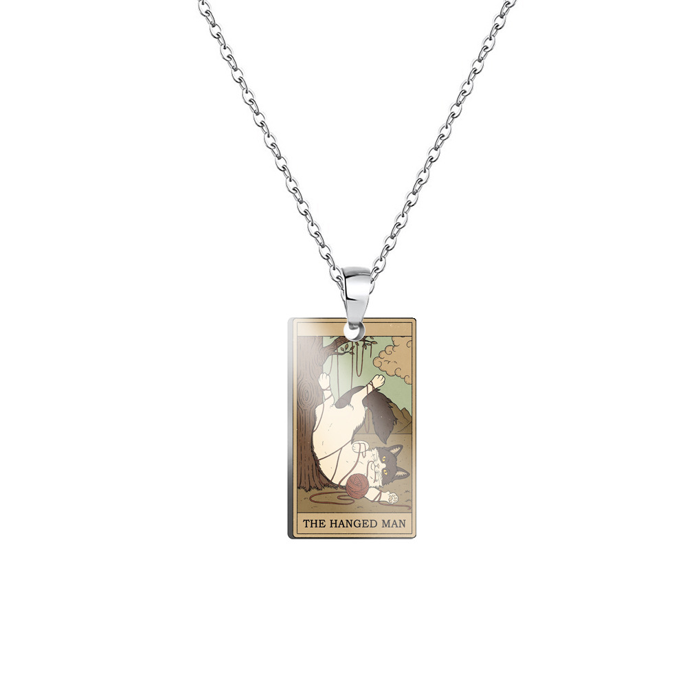 Vintage Tarot Cat Stainless Steel Pendant Necklace