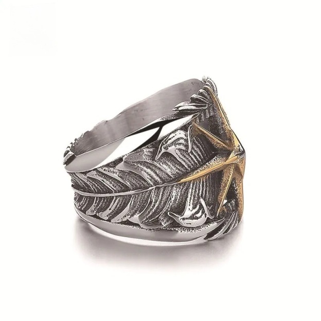Golden Indian Feather Eight-Pointed Star Wide Version Men's Ring