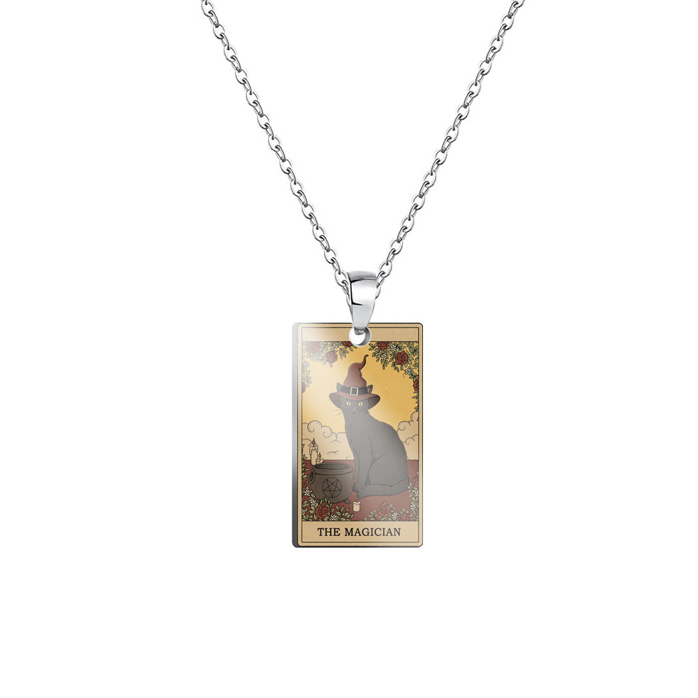 Vintage Tarot Cat Stainless Steel Pendant Necklace