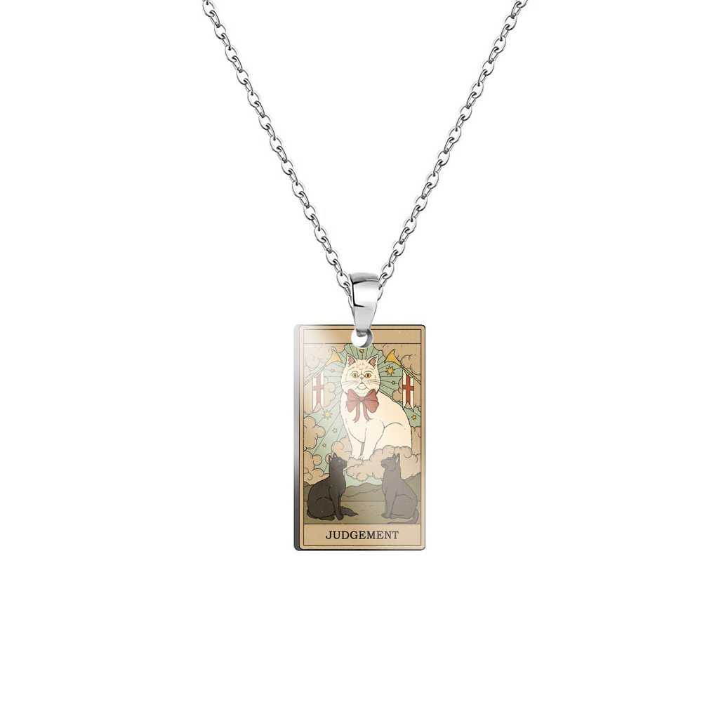 Vintage Tarot Cat Stainless Steel Pendant Necklace