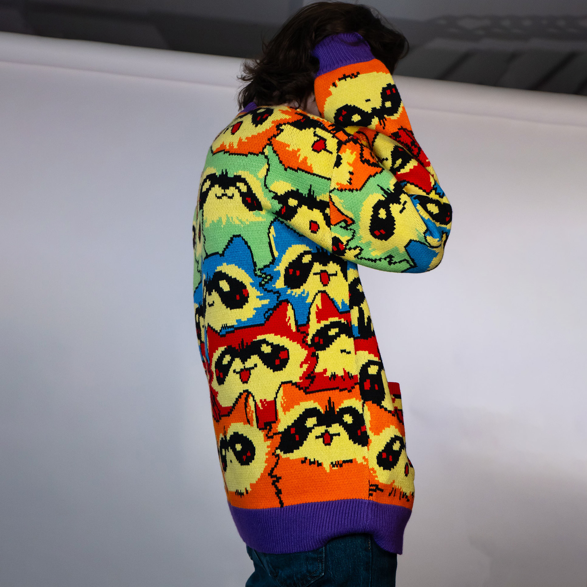 Unisex Rainbow Raccoon Ugly Cardigan Sweater