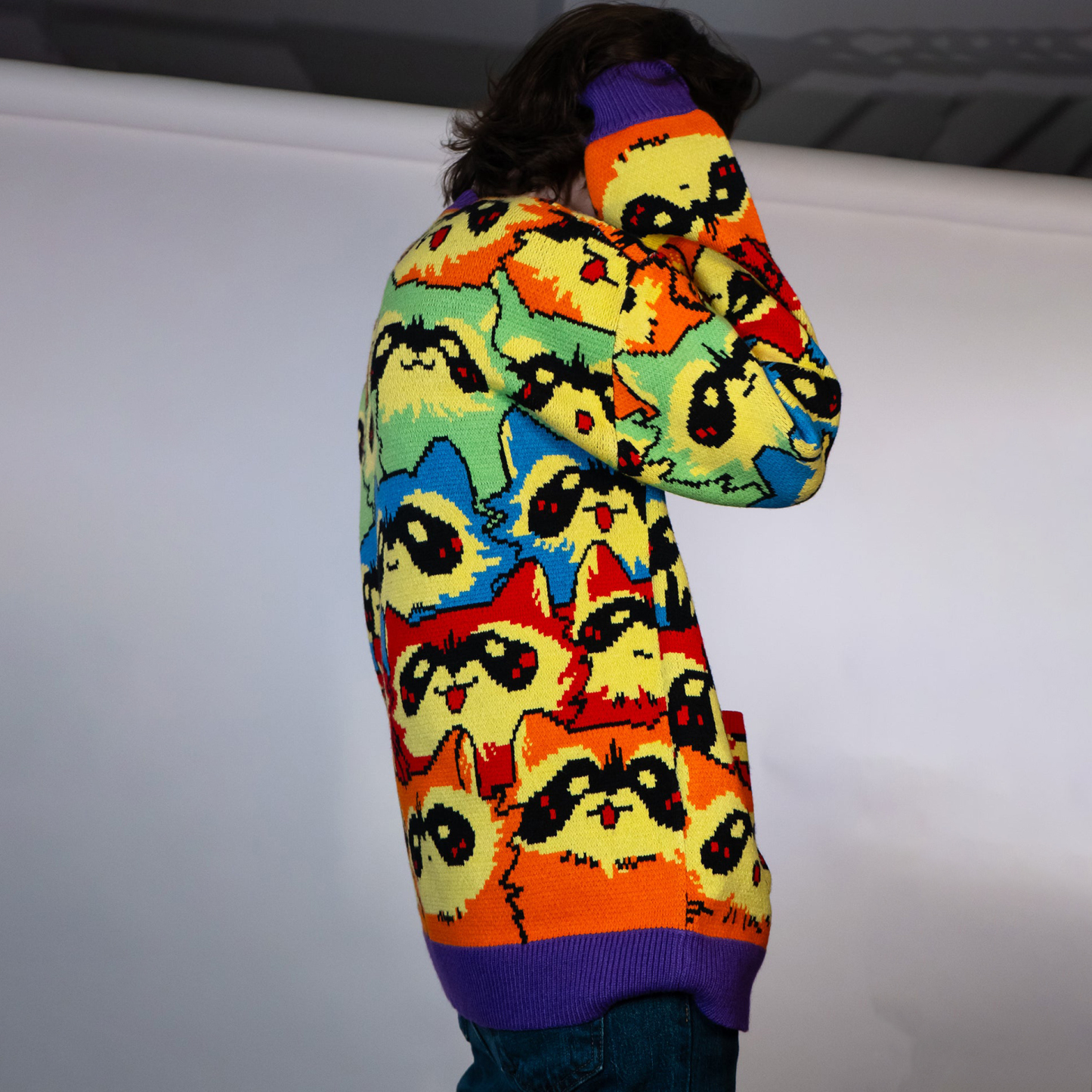 Unisex Rainbow Raccoon Ugly Cardigan Sweater