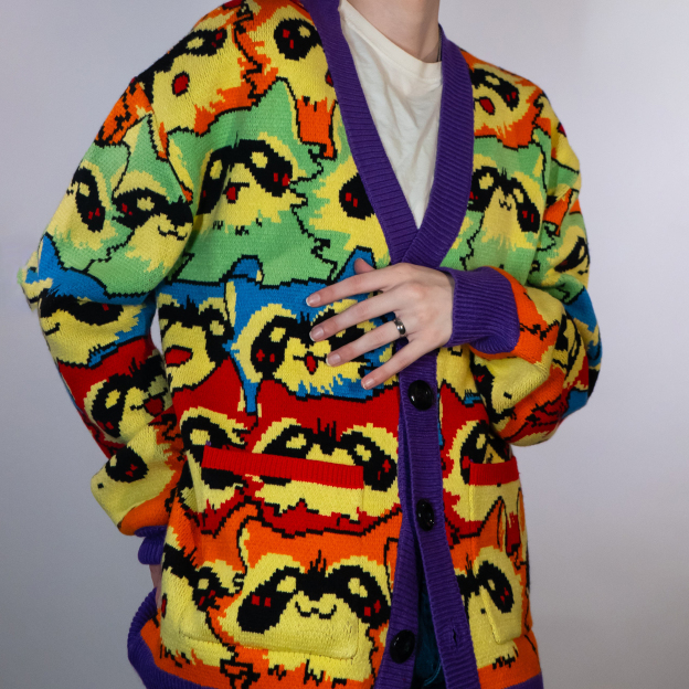 Unisex Rainbow Raccoon Ugly Cardigan Sweater