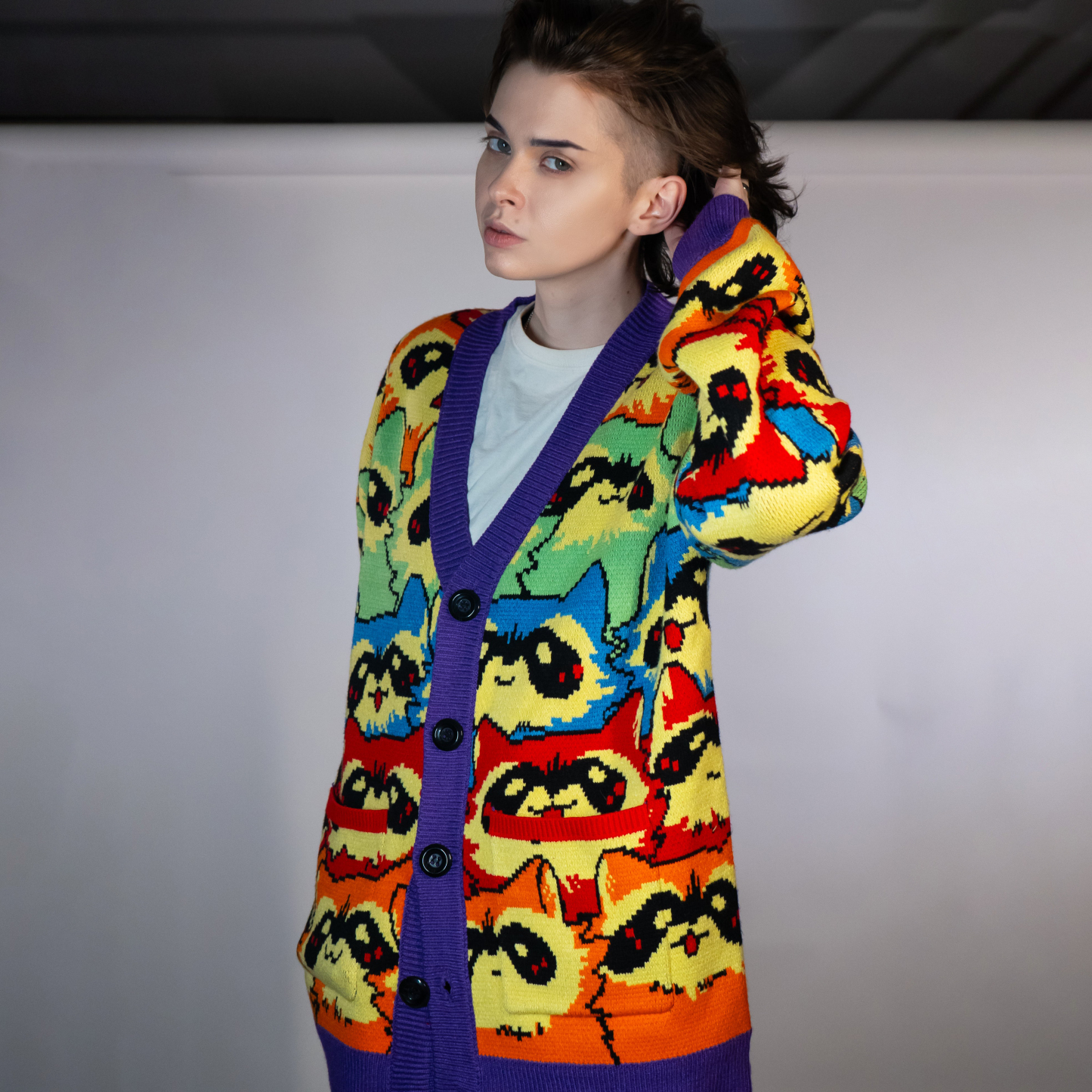 Unisex Rainbow Raccoon Ugly Cardigan Sweater