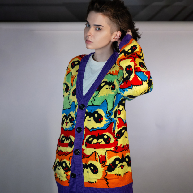 Unisex Rainbow Raccoon Ugly Cardigan Sweater