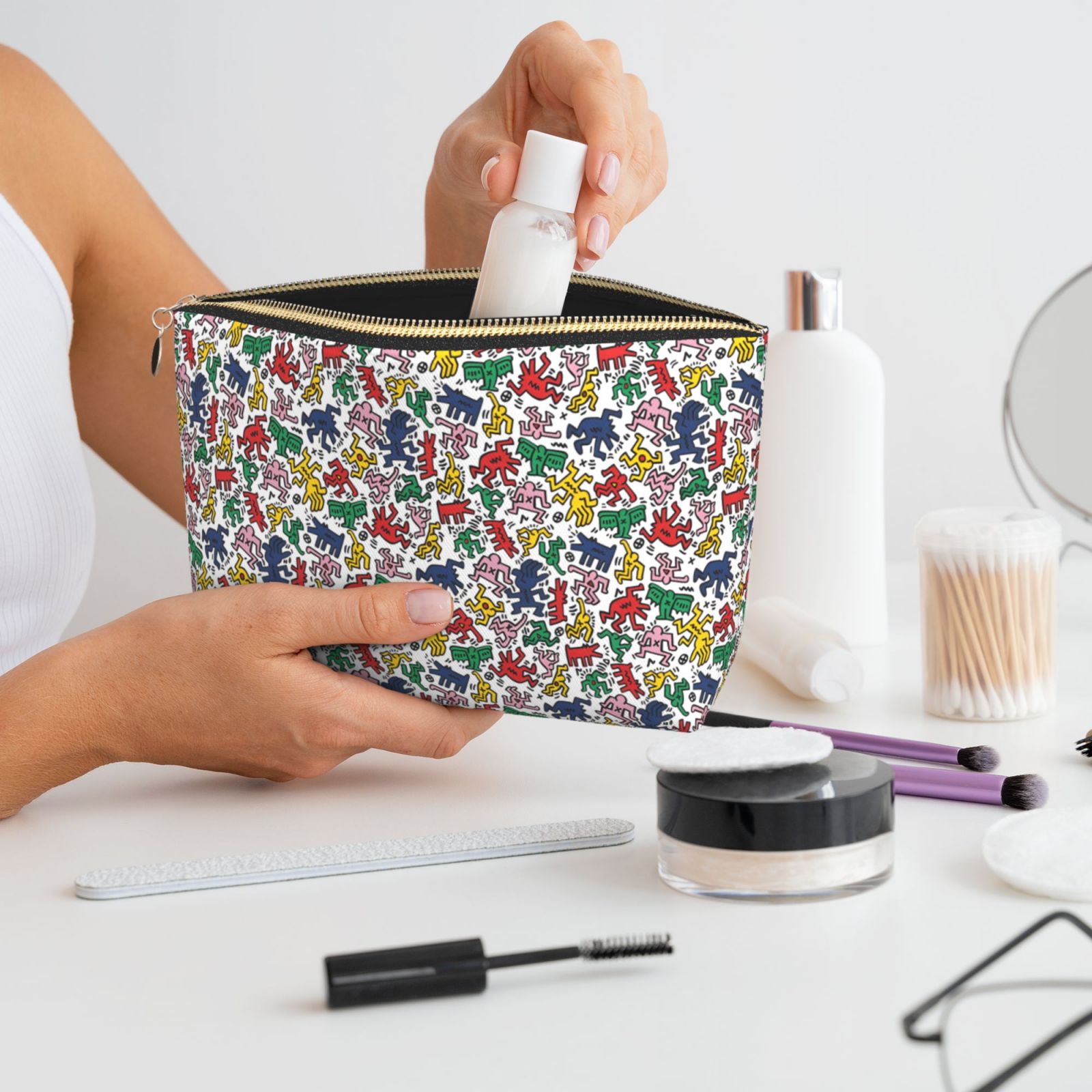 Keith Haring Dancing Figures Printed Makeup Bag