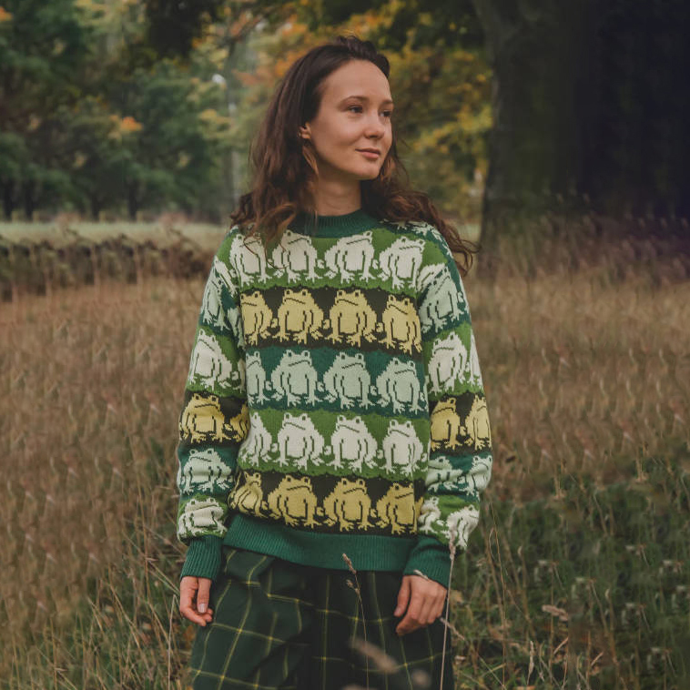 Funny Frog Print Casual Crew Neck Sweater