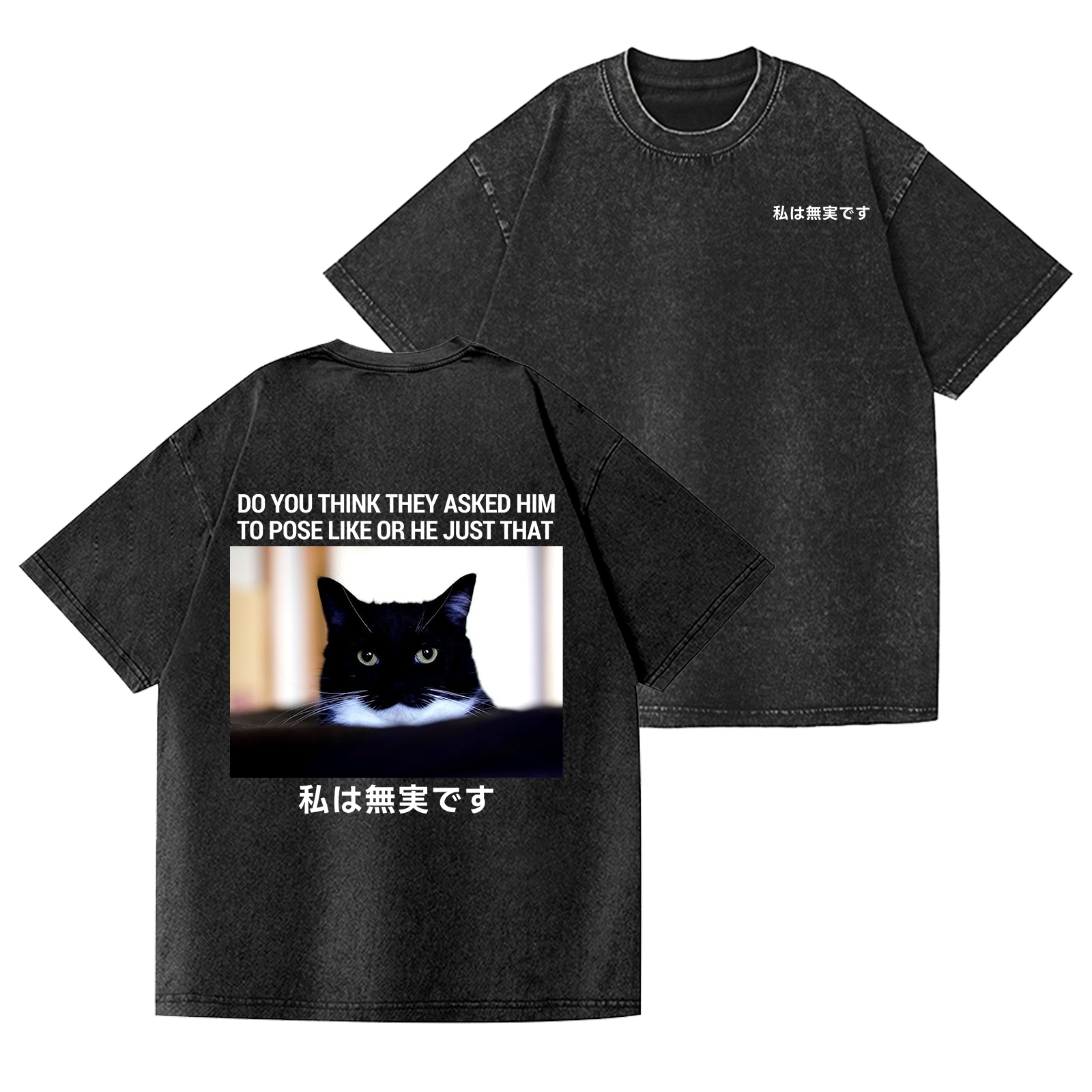 Cat Vintage Wash Japanese Design Back Art T-Shirt