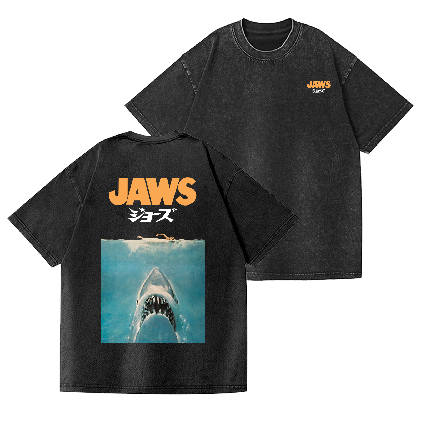 Jaws Shark Vintage Wash Japanese Design Back Art T-Shirt