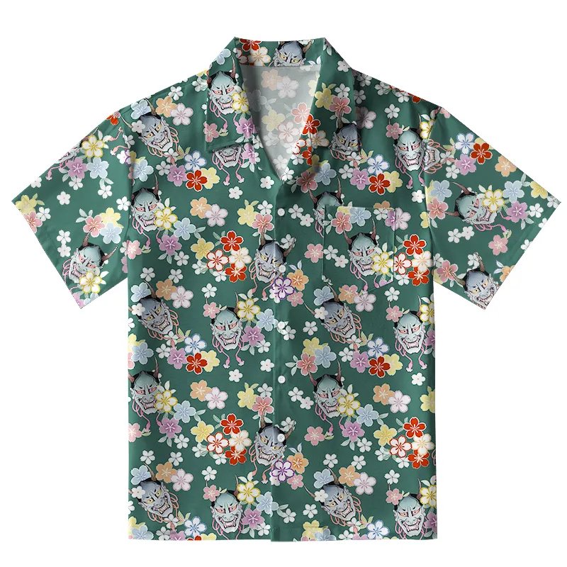 Tokyo-Tiger Oni Mask With Floral Aloha Hawaiian Shirt