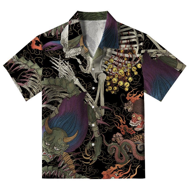  Japanese Yokai And Skeletons Aloha Hawaiian Shirt