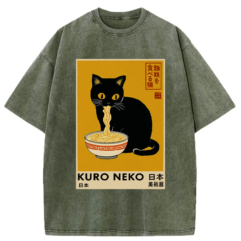 Unisex Kuro Neko Ramen Washed T-Shirt