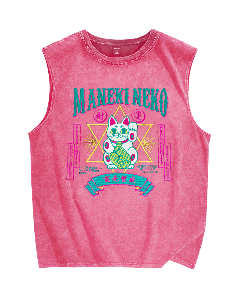 Maneki Neko Lucky Cat Vintage Distressed Washed Tank Top