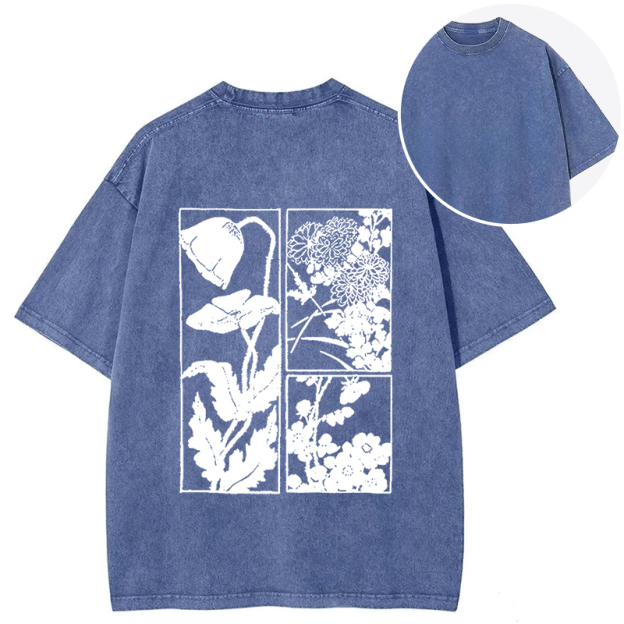 Woodcut Flowers Back Washed T-Shirt