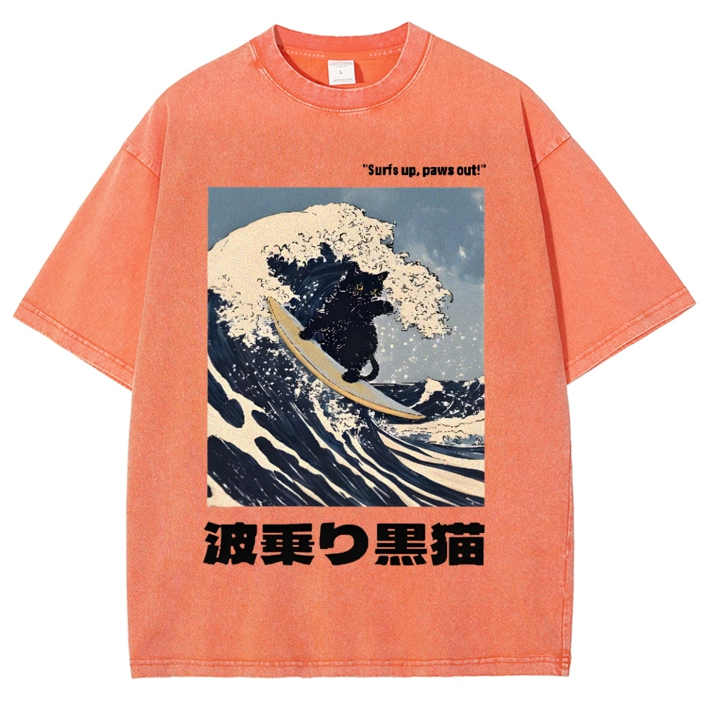 Black Cat Great Wave Vintage Wash Japanese Design T-Shirt