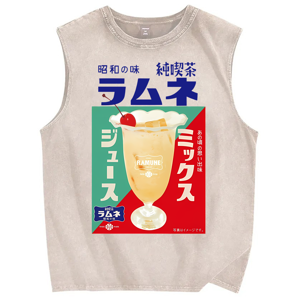 Unisex Japanese Drink Graffiti Printed Washed Tank Top