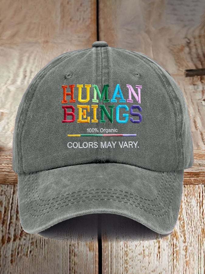 Retro Human Beings 100% Organic Colors May Vary Human Rights Equality Pride Print Baseball Cap