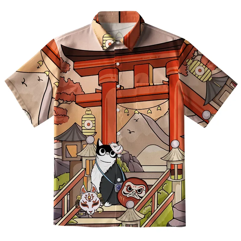 Mysterious Torii And Cat Button-up Shirt