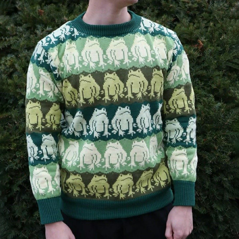 Funny Frog Print Casual Crew Neck Sweater