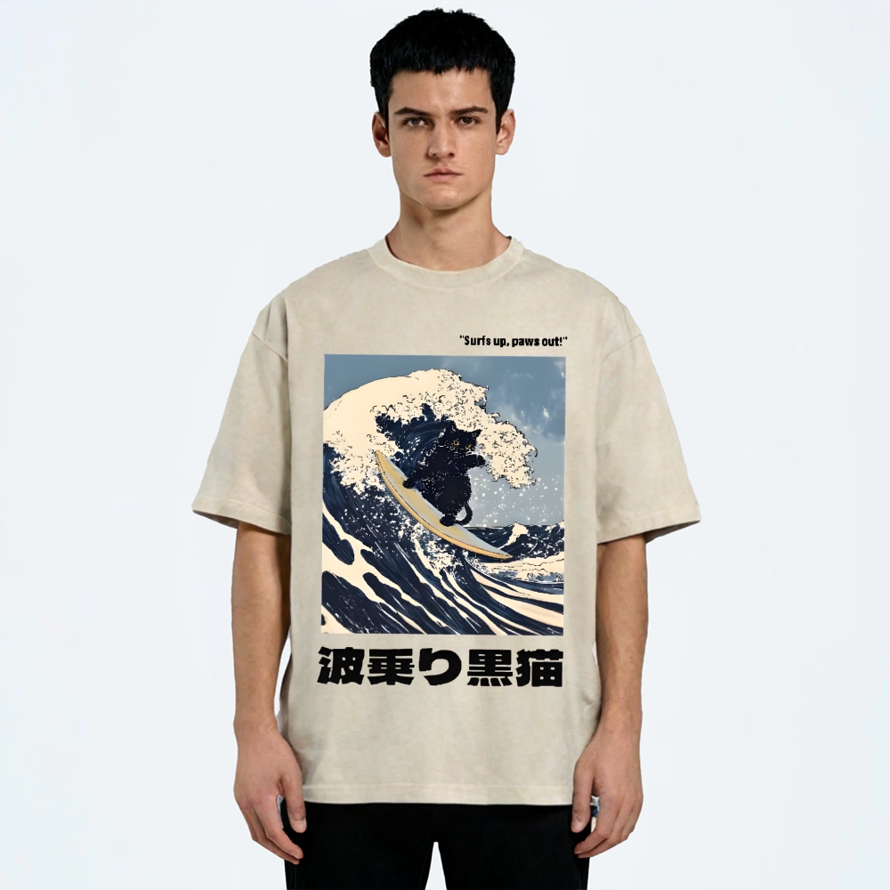 Black Cat Great Wave Vintage Wash Japanese Design T-Shirt
