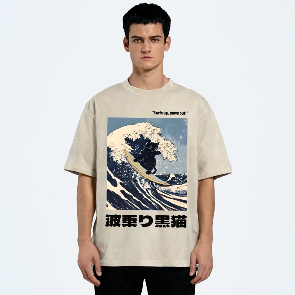 Black Cat Great Wave Vintage Wash Japanese Design T-Shirt
