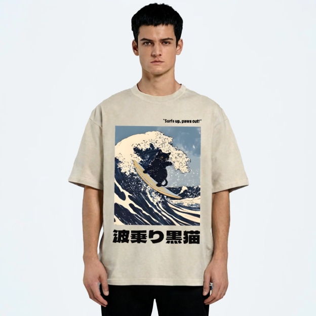 Black Cat Great Wave Vintage Wash Japanese Design T-Shirt