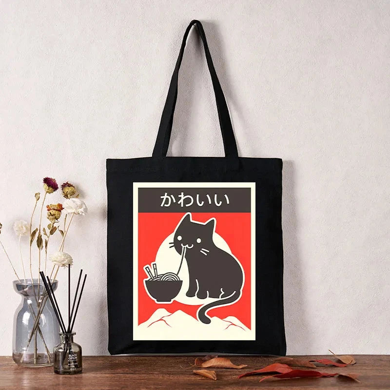  "Kawaii" Vintage Style Japenese Ramen Cat Tote Bag