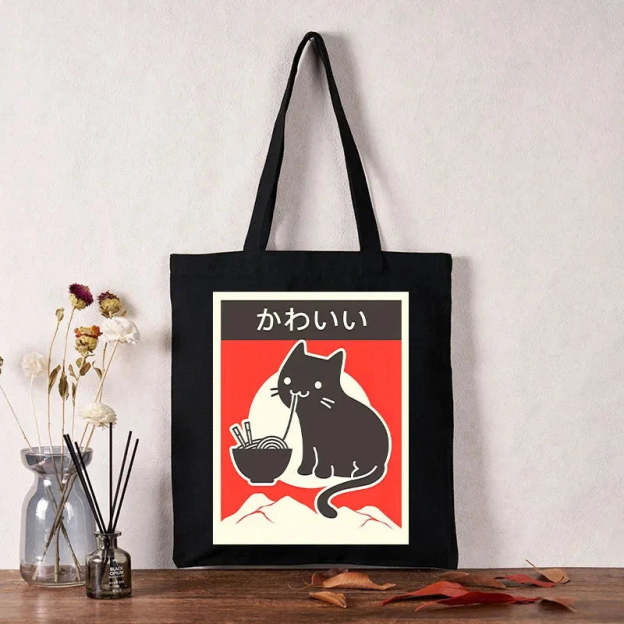  "Kawaii" Vintage Style Japenese Ramen Cat Tote Bag