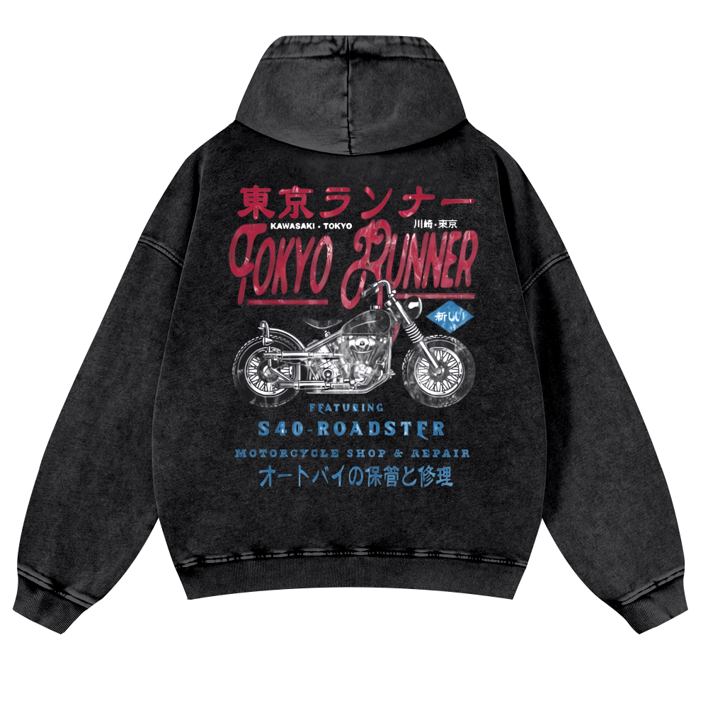 Kawasaki Motorcycle Bike Vintage Washed Cotton Back Art Hoodie