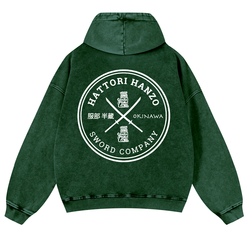 Hattori Hanzo Komainu Okinawa Sword Company Vintage Washed Cotton Back Art Hoodie