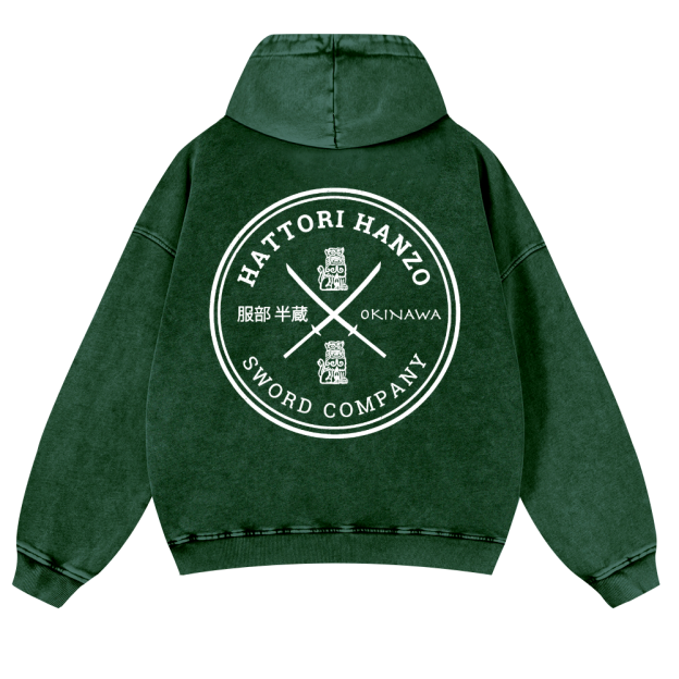 Hattori Hanzo Komainu Okinawa Sword Company Vintage Washed Cotton Back Art Hoodie