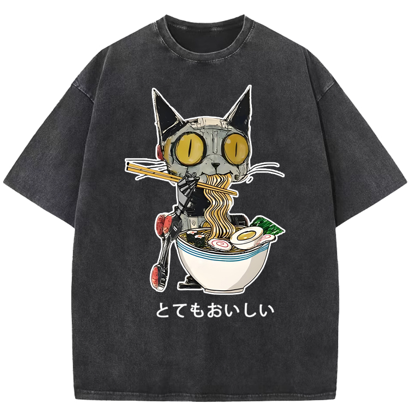 Ramen Lover Robot Cat Washed T-Shirt