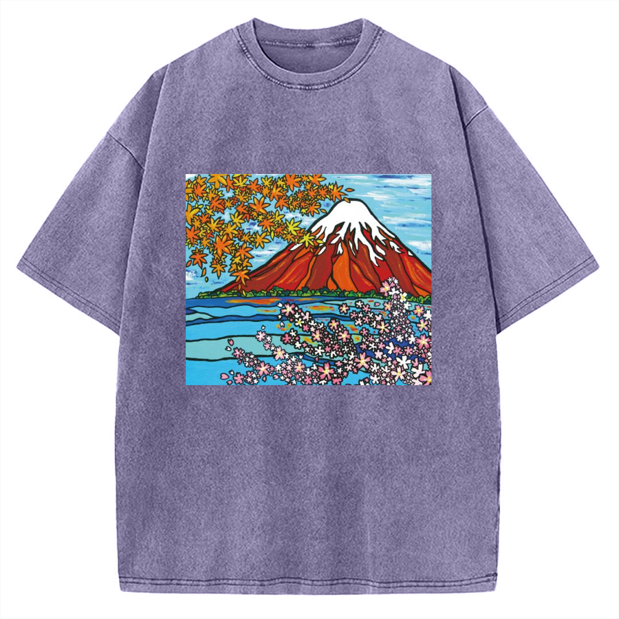 Mt Fuji Janapese Style Painting Vintage Washed T-shirt