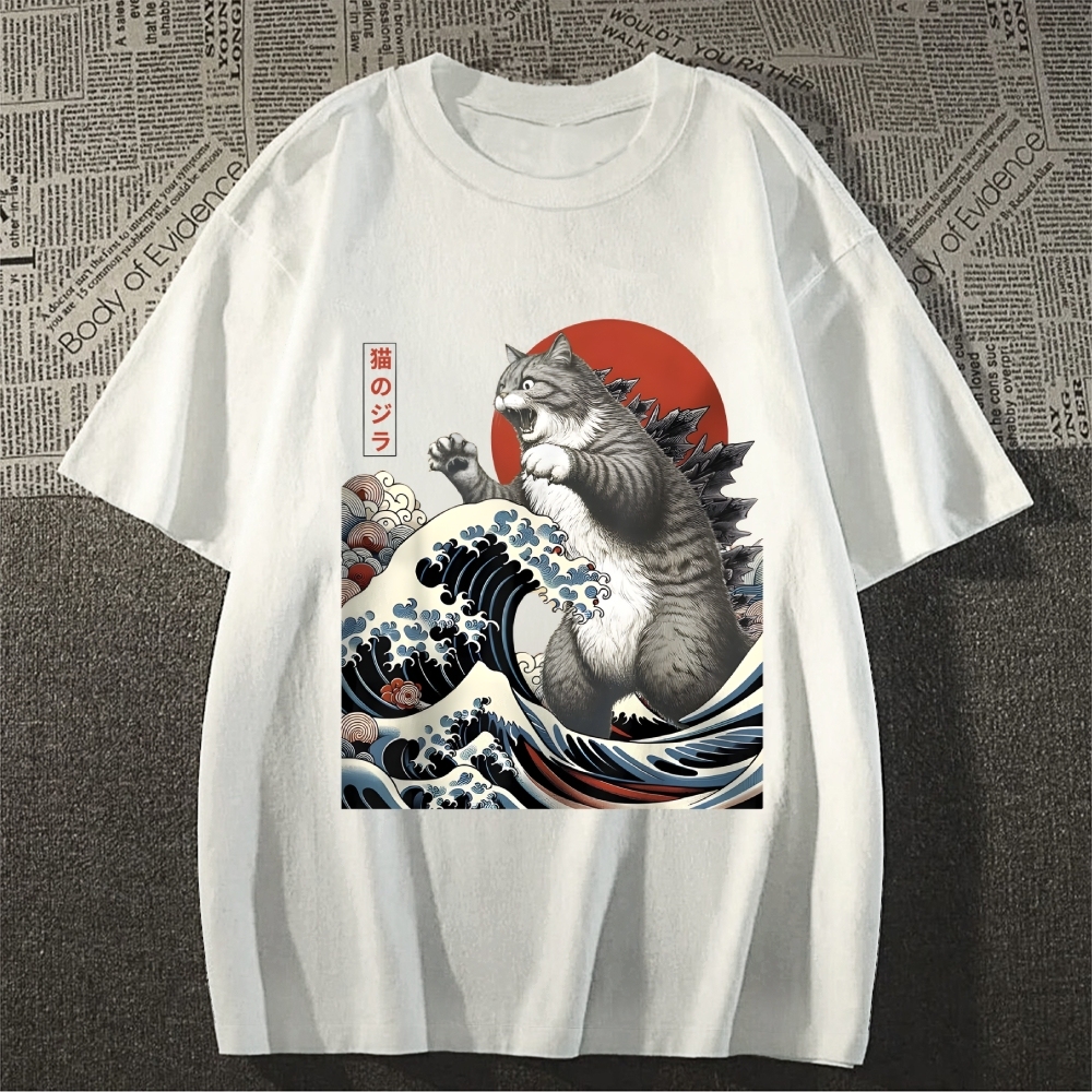Cat Godzilla Ukiyoe Great Wave Japanese Style Classic Tee