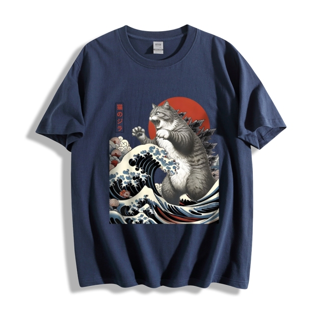 Cat Godzilla Ukiyoe Great Wave Japanese Style Classic Tee