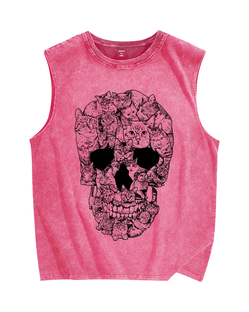 Cat & Skull Vintage Distressed Washed Tank Top
