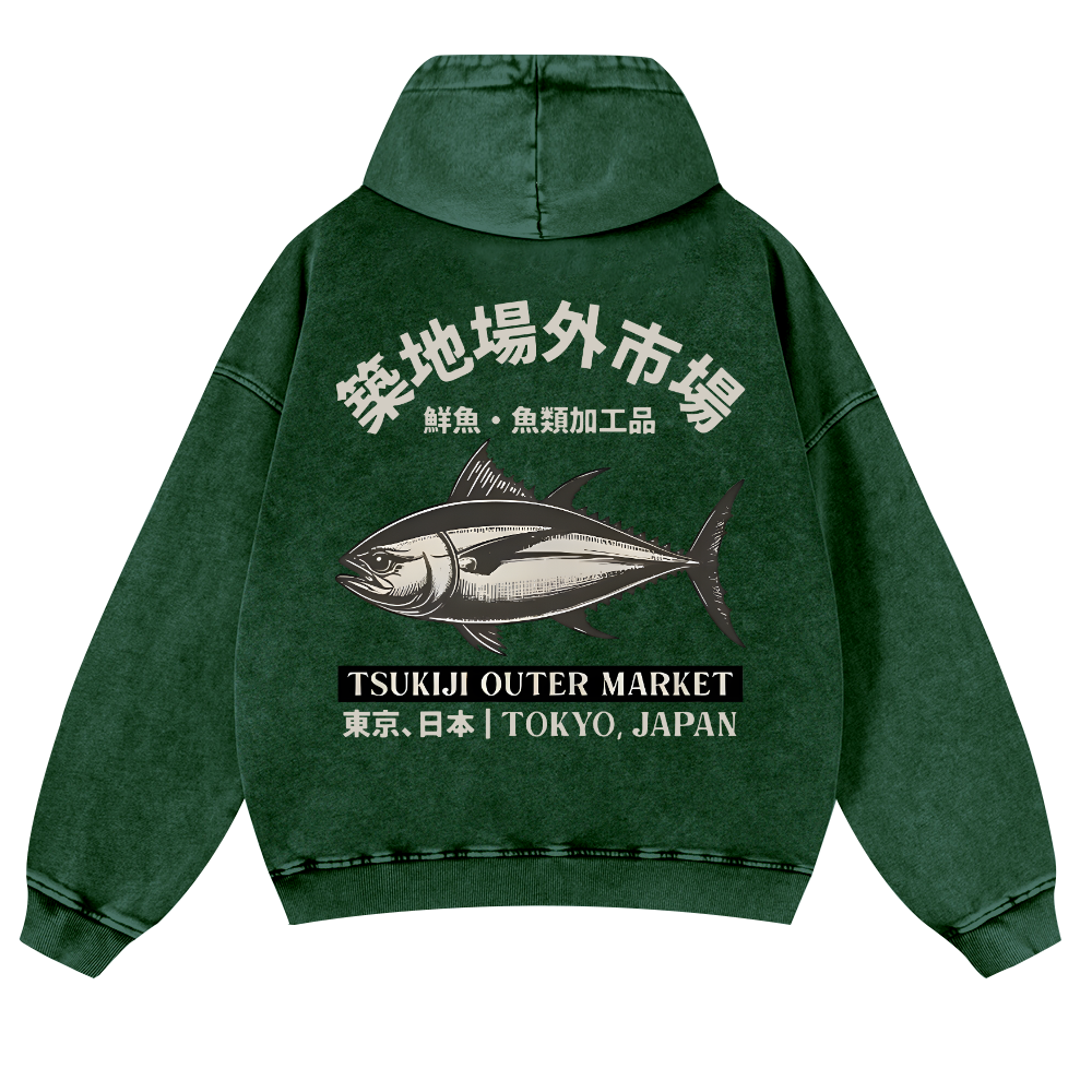 Tsukiji Market Tuna Fish Vintage Washed Cotton Back Art Hoodie