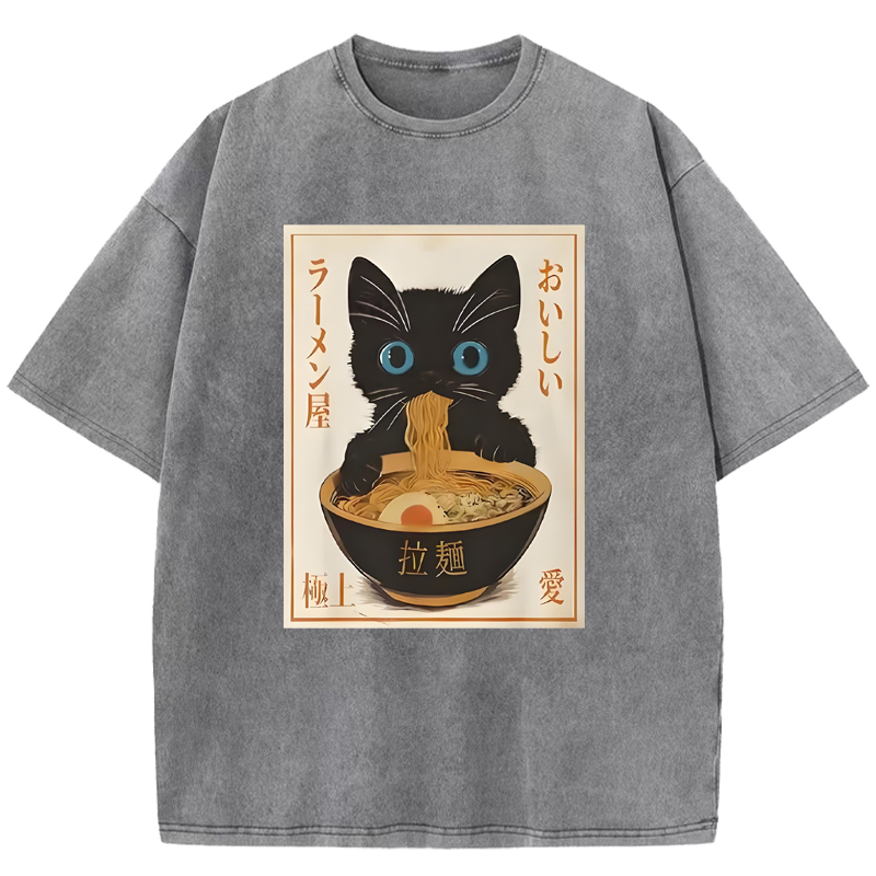 Vintage Cat Eating Ramen Washed T-Shirt