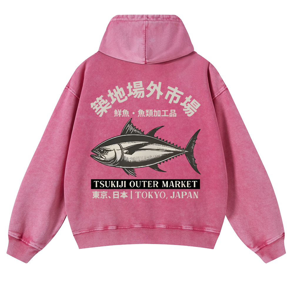 Tsukiji Market Tuna Fish Vintage Washed Cotton Back Art Hoodie