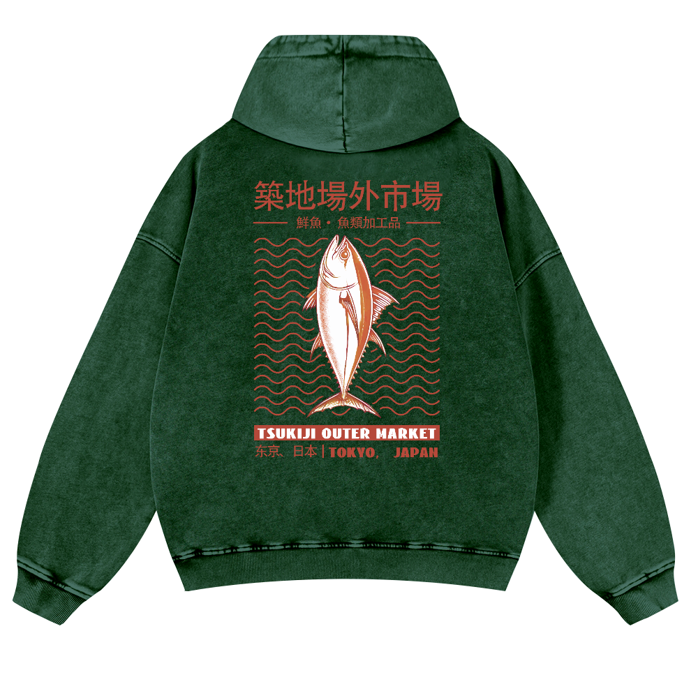 Tsukiji Outer Market Fish Vintage Washed Cotton Back Art Hoodie