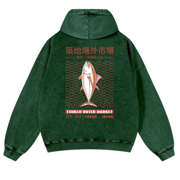 Tsukiji Outer Market Fish Vintage Washed Cotton Back Art Hoodie