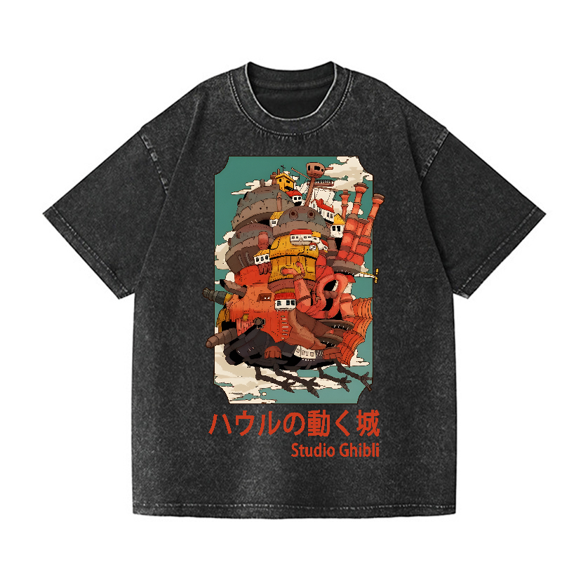 Ghibli Miyazaki Hayao Howl’s Moving Castle Anime Vintage Wash Japanese Design T-Shirt